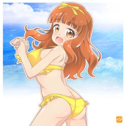 1girl ass bikini blue_sky blunt_bangs breasts brown_eyes cloud commentary_request frilled_bikini frills from_behind girls_und_panzer happy_birthday highres large_breasts long_hair looking_at_viewer looking_back orange_eyes sky smile solo strap_gap swimsuit takebe_saori takecho yellow_bikini