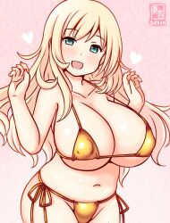 1girl artist_logo atago_(kancolle) bikini blonde_hair blue_eyes breasts cleavage commentary_request covered_erect_nipples dated gold_bikini gradient_background heart kanon_(kurogane_knights) kantai_collection large_breasts logo long_hair one-hour_drawing_challenge pink_background side-tie_bikini_bottom solo swimsuit