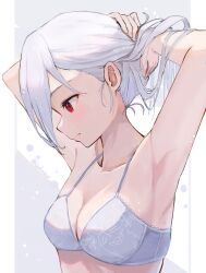 1girl abstract_background armpits arms_up artist_name blush bra breasts cleavage closed_mouth collarbone ear_blush expressionless floral_print_bra from_side fuji_sakura grey_bra hands_in_own_hair highres long_bangs long_hair looking_down medium_breasts nape original red_eyes solo translation_request tying_hair underwear underwear_only upper_body white_bra white_hair
