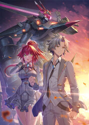 Rule 34 | 1boy, 1girl, black necktie, blazer, blue brooch, bow, bowtie, breasts, brown eyes, character request, clenched hands, clenched teeth, collared shirt, copyright request, dusk, grey hair, grey jacket, grey pants, grey skirt, hair bow, highres, jacket, long hair, long sleeves, mecha, necktie, novel illustration, official art, open mouth, pants, pink bow, pink bowtie, red hair, robot, shirt, skirt, takamine nadare, teeth, white shirt, yellow eyes