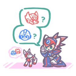 Rule 34 | 1boy, armor, axl (mega man), black armor, brown hair, chest jewel, chibi, cross scar, forehead jewel, full body, helmet, highres, in-franchise crossover, laser-lance, male focus, mega man (character), mega man (classic), mega man (series), mega man x (series), non-humanoid robot, red armor, red helmet, robot, robot animal, robot dog, roll (mega man), rush (mega man), scar, scar on face, spiked hair, spoken character, x (mega man), zero (mega man)