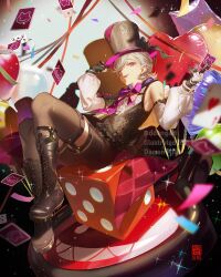 1boy ;p artist_name balloon black_boots black_capelet black_corset black_gloves black_hat black_shorts boots bow bowtie buttons capelet card center_frills closed_mouth commentary confetti corset daniel_deng detached_sleeves dice english_commentary facial_mark frills genshin_impact gloves grey_hair grey_thighhighs hand_on_headwear hands_up hat heart heart_balloon highres holding holding_card knees_up lace-up_boots light_particles long_sleeves looking_at_viewer lyney_(genshin_impact) male_focus one_eye_closed parted_bangs pink_bow pink_bowtie playing_card purple_eyes shirt short_hair shorts sleeveless sleeveless_shirt smile solo sparkle star_(symbol) star_balloon streamers swept_bangs teardrop_facial_mark thighhighs tongue tongue_out top_hat twitter_username two-tone_gloves watermark white_gloves white_shirt white_sleeves