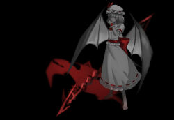 1girl absurdres affogato_(pixiv_98217350) barefoot bat_wings black_background blood blood_on_face bow frilled_hat frills hat hat_ribbon highres holding holding_polearm holding_weapon polearm red_bow red_eyes red_ribbon remilia_scarlet ribbon shirt short_hair simple_background skirt solo spear_the_gungnir standing touhou variant_set waist_bow weapon wings wiping_blood wiping_face