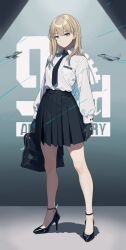 1girl 2661789381 black_gloves black_skirt blonde_hair blue_eyes breasts gloves hair_ornament high_heels highres holding large_breasts lexington_(warship_girls_r) long_hair long_sleeves looking_at_viewer necktie plaid_clothes plaid_skirt school_uniform shirt skirt solo warrior warship_girls_r white_shirt