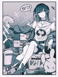 +++ 1girl arknights bell belt belt_buckle belt_collar buckle cannot_goodenough chinese_commentary closed_mouth closure_(arknights) collar collarbone commentary_request github greyscale highres holding jacket logo long_sleeves looking_at_viewer medium_hair monochrome neck_bell octocat off_shoulder outstretched_arm pointy_ears pouch shirt shu_shu_shu_lan sitting smile sparkle sparkling_aura spoken_object t-shirt thigh_pouch