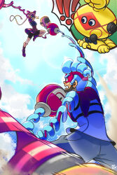 1boy 1girl 3d_rod! arms_(game) biff_(arms) bike_shorts blue_eyes blue_hair bow hair_bow highres jumping midair open_mouth ribbon_girl_(arms) skirt spring_man_(arms) stretched_limb toaster_(arms)