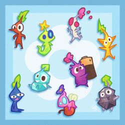 afterimage battery black_eyes black_skin blue_background blue_eyes blue_pikmin blue_skin carrying cherry colored_skin everyone flower food fruit ghost_tail glow_pikmin green_skin highres holding holding_food holding_fruit ice ice_pikmin insect_wings its_sherboi leaf motion_lines nintendo no_humans no_mouth oversized_food oversized_object pikmin_(creature) pikmin_(series) pikmin_4 pink_flower pink_skin pointy_ears pointy_nose purple_flower purple_hair purple_pikmin purple_skin red_eyes red_pikmin red_skin rock rock_pikmin short_hair signature sitting solid_circle_eyes toon_(style) triangle_mouth very_short_hair waving_arms white_pikmin white_skin winged_pikmin wings yellow_flower yellow_pikmin yellow_skin