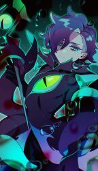 1other 48okku abyss_monarch_cookie air_bubble arm_at_side bags_under_eyes black_background black_coat black_eyeshadow black_hair bubble closed_mouth coat collared_coat commentary cookie_run cookie_run:_ovenbreak curtained_hair dutch_angle extra_eyes eyeshadow film_grain gloved_sleeves green_background green_eyes green_outline hair_behind_ear hair_between_eyes half-closed_eyes hand_up highres holding holding_staff humanization makeup other_focus outline parted_hair short_hair simple_background slit_pupils solo staff symbol-only_commentary upper_body