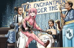 4boys back_to_the_future bocchi_the_rock! dark-skinned_male dark_skin drum english_text gotoh_hitori instrument jacket multiple_boys music pants piano pink_hair pink_jacket pink_pants pink_track_suit playing_instrument saxophone scene_reference torako_(toramaru) track_suit