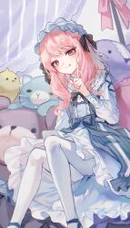 1other :q absurdres akiyama_mizuki androgynous black_bow blush bow closed_mouth curtains dress frilled_dress frills hair_down hairband highres iblos1202 index_finger_raised lolita_fashion lolita_hairband long_hair long_sleeves looking_at_viewer pantyhose pillow pink_eyes pink_hair project_sekai sitting smile solo stuffed_animal stuffed_cat stuffed_toy sweet_lolita teddy_bear tongue tongue_out white_dress white_pantyhose