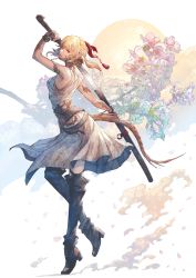 1girl au_ra bare_shoulders blonde_hair boots chain dragon_horns dragon_tail dress final_fantasy final_fantasy_xiv floral_background from_side full_body hair_ribbon highres holding holding_sword holding_weapon horns katana left-handed parted_lips ponytail red_eyes red_ribbon ribbon samurai samurai_(final_fantasy) scales sheath short_hair shukei sleeveless sleeveless_dress solo standing sword tail tassel thigh_boots thighhighs unsheathing warrior_of_light_(ff14) weapon white_dress