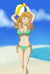 Rule 34 | 1girl, artist request, ball, beach, black clover, blush, long hair, mimosa vermillion, orange hair, smile, swimsuit, yellow eyes