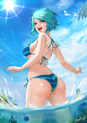 2girls aqua_hair artist_name ass bare_arms bare_shoulders bikini bird blue_bikini blue_sky blush braces breasts cawfield cloud commentary cowboy_shot day dimples_of_venus english_commentary fish from_behind highres large_breasts lens_flare looking_at_viewer looking_back mole mole_on_ass mole_on_thigh multiple_girls ocean open_mouth original outdoors outstretched_arms partially_underwater_shot seagull short_hair side-tie_bikini_bottom sky solo_focus standing string_bikini striped_bikini striped_clothes summer sun swimsuit wading water water_drop wet yellow_eyes