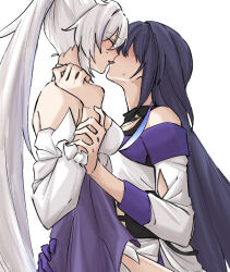 2girls blush closed_eyes commentary detached_sleeves dress french_kiss from_side high_ponytail holding_another&#039;s_arm honkai_(series) honkai_impact_3rd kiana_kaslana kiana_kaslana_(apho) kiana_kaslana_(herrscher_of_finality) kiss long_hair multiple_girls ponytail purple_hair raiden_mei raiden_mei_(apho) simple_background sweatdrop syonosuke9573 very_long_hair white_background white_dress white_hair white_sleeves yuri