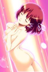 1girl ars_magna ass blush breast_suppress breasts closed_eyes female_focus game_cg glowing hair_ribbon highres koutaro mizusawa_noel nipples nude red_hair ribbon short_hair smile solo
