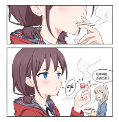 2girls anglediana blue_eyes blush bowl brown_hair candy chinese_commentary chinese_text commentary_request food girls_band_cry grey_hair highres holding holding_bowl holding_candy holding_food holding_lollipop hood hood_down hooded_jacket iseri_nina jacket kawaragi_momoka lollipop long_hair low_twintails multiple_girls oven_mitts red_jacket revision short_hair short_twintails sweat sweatdrop translation_request twintails
