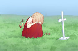 1girl blonde_hair blue_sky commentary cross crystal day english_commentary female_focus flandre_scarlet grass grave knees_up no_headwear one_side_up outdoors pointy_ears puffy_short_sleeves puffy_sleeves red_skirt red_vest shirt short_hair short_sleeves sitting skirt skirt_set sky solo sunglasses sunglasses_removed touhou vest white_shirt wings yoruny