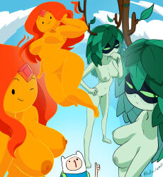 1boy 2girls absurdres adventure_time bare_shoulders barefoot blush breasts colored_sclera colored_skin completely_nude female_pubic_hair fiery_hair finn_the_human flame_princess green_eyes green_hair green_sclera green_skin highres horns huntress_wizard inker_comics large_breasts leaf long_hair medium_breasts multiple_girls nipples nude orange_hair orange_skin plant_hair plump pubic_hair sky thick_thighs thighs thumbs_up twitter_username wide_hips