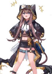 +++ 1girl :d ankh arknights belt black_jacket black_shorts blue_eyes blush brown_belt brown_hair brown_tail corrupted_twitter_file eyes_visible_through_hair fang feet_out_of_frame flower hair_between_eyes hands_on_own_hips high_belt highres hood hood_up hooded_jacket infection_monitor_(arknights) jacket laoshi_wo_hao_e long_hair long_sleeves o-ring o-ring_thigh_strap open_clothes open_jacket open_mouth pepe_(arknights) shorts simple_background sketch skin_fang smile solo standing tail tail_ornament tail_ring thigh_strap two-sided_fabric two-sided_jacket white_background white_flower yellow_jacket