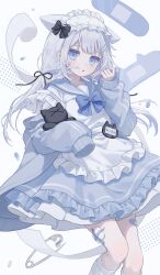 1girl absurdres animal_ears apron bandaid bandaid_on_leg black_ribbon blue_bow blue_bowtie blue_eyes blue_jacket blue_sailor_collar blue_skirt blush borrowed_character bow bowtie cat_ears cat_girl commentary_request commission feet_out_of_frame frilled_apron frilled_hairband frilled_skirt frills grey_hair hair_ornament hair_ribbon hairband hairclip hand_up highres jacket kneehighs long_hair looking_at_viewer myon_rio open_clothes open_jacket original parallel_hairclips parted_lips ribbon sailor_collar sample_watermark simple_background skeb_commission skirt sleeves_past_fingers sleeves_past_wrists socks solo standing track_jacket watermark white_apron white_background white_hairband white_socks