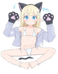 1girl absurdres anal_beads anal_tail animal_ears animal_hands barefoot bikini blonde_hair blue_eyes butt_plug fake_tail feet flat_chest highres jacket loli micro_bikini original pointy_ears side-tie_bikini_bottom solo swimsuit tail toes white_bikini youyoukai