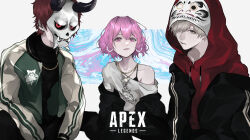 1girl 2boys absurdres apex_legends arisakaaa_(crazy_raccoon) black_horns black_jacket black_shirt bra_strap closed_mouth collarbone commentary_request copyright_name crazy_raccoon daruma_is_god demon_horns drawstring earrings gold_necklace grey_eyes grey_hair hair_between_eyes hair_ornament hairclip highres hood hood_up hoodie hoop_earrings horns indie_utaite jacket jacket_over_hoodie jacket_partially_removed jewelry letterman_jacket lipstick long_sleeves looking_at_viewer makeup mano_aaa mask multiple_boys necklace nqrse open_clothes open_jacket parallel_hairclips pink_eyes pink_hair pink_lips red_hair red_hoodie shirt short_hair single-shoulder_shirt single_bare_shoulder skull_necklace t-shirt upper_body utaite white_background white_shirt white_sleeves