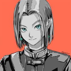 1boy 2018 aqua_eyes artist_name commentary dated dragon_quest dragon_quest_xi earrings english_commentary greyscale_with_colored_background greyscale_with_colored_eyes hero_(dq11) jewelry looking_at_viewer male_focus orange_background parted_hair short_hair slime_(dragon_quest) smile solo spot_color tunic upper_body zzyzzyy