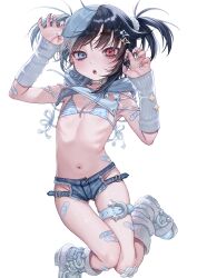 +_+ 1girl absurdres arm_warmers bandaid bandaid_on_leg bikini black_hair blue_eyes blue_hair blush boots claw_pose crop_top dancho dancho_(dancyo) denim denim_shorts fingernails flat_chest gauze_on_knee heterochromia highres kujirakawa_zoo looking_at_viewer multicolored_hair navel open_mouth original red_eyes ribs sharp_fingernails sharp_teeth short_shorts shorts solo split-color_hair swimsuit teeth thigh_gap twintails two-tone_hair