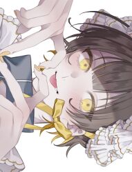 Rule 34 | 1boy, :p, bachira meguru, black hair, blonde hair, blue lock, bow, crossdressing, crossdressing (mtf), fang, hands up, heart, heart hands, looking at viewer, maid, maid headdress, male focus, multicolored hair, portrait, sideways, simple background, solo, tongue, tongue out, two-tone hair, uu., uu bll, white background, yellow bow, yellow eyes, yellow nails