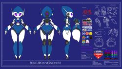 1girl absurdres apple_inc. arrow_(symbol) artist_name blue_background character_name reference_sheet commentary daytona_usa english_commentary english_text from_behind from_side full_body highres humanoid_robot indie_virtual_youtuber looking_at_viewer multiple_views namco nintendo no_nose open_hands pearl_(splatoon) purple_eyes robot sega sign simple_background splatoon_(series) straight-on thick_thighs thighs virtual_youtuber warning_sign wheel zone-tron zone_(artist)