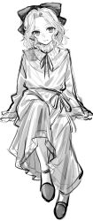 1boy aged_down androgynous axis_powers_hetalia child france_(hetalia) full_body greyscale hair_ribbon highres long_sleeves looking_at_viewer male_focus medium_hair mituki_127 monochrome ribbon robe simple_background sitting solo trap tunic wavy_hair white_background