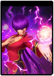 1girl breasts curvy dress earrings electricity gold jewelry large_breasts long_hair orochi_shermie ponytail purple_hair shermie_(kof) smile the_king_of_fighters thunder twintails