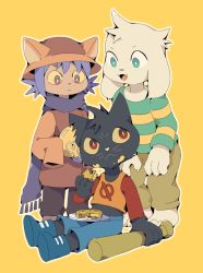 animal_ears asriel_dreemurr baseball_bat blue_footwear blue_hair blue_pants blue_scarf cat cat_ears cat_girl food furry furry_male goat goat_ears green_shirt hat mae_borowski monster night_in_the_woods niko_(oneshot) oneshot_(game) open_mouth orange_shirt pants pie ryokujyuyon scarf shirt striped_clothes striped_shirt undertale