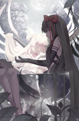 10s 2girls akemi_homura akuma_homura artist_name black_dress black_gloves black_hair black_wings blurry bow closed_eyes closed_mouth club3 cup depth_of_field dew_drop dress drinking_glass earth_(planet) eyelashes feathered_wings flower fur_trim gate glass gloves hair_bow highres holding_another&#039;s_hair holding_hands in_container kaname_madoka leaf leaning_on_person leaning_to_the_side light_frown light_particles light_smile long_hair magical_girl mahou_shoujo_madoka_magica mahou_shoujo_madoka_magica:_hangyaku_no_monogatari mini_person minigirl multiple_girls oversized_object pantyhose planet plant profile red_bow rose signature sitting sitting_on_lap sitting_on_person spoilers thorns transparent two_side_up ultimate_madoka vines water_drop white_dress white_flower white_gloves white_hair white_rose white_wings wings yuri