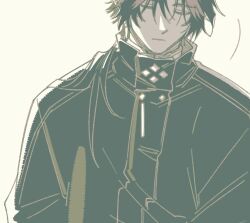 Rule 34 | 1boy, arknights, chongyue (arknights), closed eyes, closed mouth, coat, high collar, highres, long hair, low ponytail, male focus, nills, ponytail, simple background, solo, upper body, yellow background