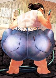 1girl absurdres anderson ass ass_focus bare_arms barefoot belt black-framed_eyewear black_bra black_hair bra bra_visible_through_clothes denim fake_nails feet fence from_behind full_body hair_bun highres holding holding_brush holding_hose hose jeans looking_back mature_female nail_polish official_art pants see-through_clothes see-through_shirt shirt short_hair soles solo squatting tan tanline torima_minshuku_yadori_teki_na! underwear wet wet_clothes wet_shirt white_nails white_shirt wooden_fence yadori_hana