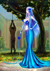 1boy 1girl artist_request assertive_female bdsm breasts elbow_gloves femdom gloves long_dress mermaid_dress restrained reverse_ryona sadism stomach tagme whip white_gloves