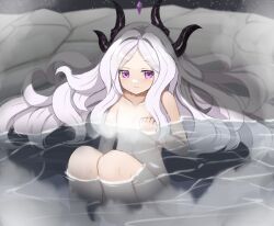 Rule 34 | 1girl, black halo, blue archive, blush, breasts, completely nude, convenient censoring, demon girl, demon horns, demon wings, halo, hina (blue archive), horns, looking at viewer, nude, onsen, purple eyes, redundant-cat, sitting, small breasts, solo, steam, steam censor, wings