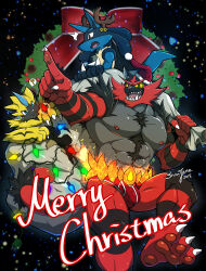 1boy 2others ? abs absurdres artist_name barefoot black_background bulge christmas christmas_lights claws commentary dated english_commentary fake_antlers furry furry_male gen_4_pokemon gen_7_pokemon hat highres holding holding_sack incineroar legendary_pokemon looking_at_another looking_at_object looking_at_viewer lucario male_underwear merry_christmas mistletoe multiple_others muscular muscular_male mythical_pokemon nintendo open_mouth pectorals pointing pokemon pokemon_(creature) red_male_underwear sack santa_hat snowjune speech_bubble spoken_question_mark underwear zeraora