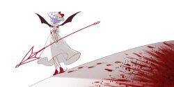 Rule 34 | 1girl, backless dress, backless outfit, bat wings, blood, blue hair, commentary request, dress, facing away, from behind, fuyuakatsuki 00, hat, hat ribbon, highres, holding, holding polearm, holding weapon, mary janes, mob cap, polearm, puffy short sleeves, puffy sleeves, red ribbon, red shoes, remilia scarlet, ribbon, shoes, short hair, short sleeves, simple background, solo, spear, spear the gungnir, touhou, weapon, white background, wings