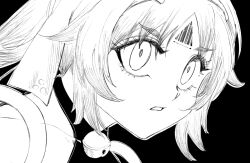 1girl barcode barcode_tattoo bell constricted_pupils forehead_tattoo hoooowl hunter_x_hunter leaning_forward monochrome neck_bell nekomiya_mana parody parted_bangs parted_lips scene_reference solo tattoo zenless_zone_zero