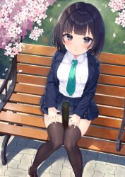 1girl absurdres aqua_necktie between_legs black_eyes black_hair black_thighhighs blazer blue_skirt blush breasts cherry_blossoms collared_shirt highres jacket large_breasts leg_hold long_sleeves looking_at_viewer medium_hair necktie ochinsama original outdoors pleated_skirt school_uniform shirt sitting skirt smile solo thighhighs white_shirt