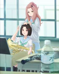 2girls arm_up bangs_pinned_back black_hair blue_sailor_collar blurry blurry_foreground bob_cut bottle brown_hair casyu_nut chair embarrassed euphonium green_neckerchief hair_ornament hair_up hands_on_another&#039;s_head hibike!_euphonium highres hisaishi_kanade holding holding_instrument instrument kenzaki_ririka kitauji_high_school_uniform light_blush long_hair medium_hair multiple_girls music_stand neckerchief oboe open_mouth parted_lips red_eyes sailor_collar school school_uniform sitting star_(symbol) star_hair_ornament sweater table water_bottle window yellow_eyes yuri