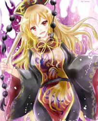1girl artist_name belt black_belt black_dress black_hat blonde_hair blush breasts chinese_clothes cowboy_shot crescent crescent_print dalachi_(headdress) dress energy hair_between_eyes hajike_akira hand_fan hands_up hat holding holding_fan junko_(touhou) long_hair long_sleeves looking_at_viewer mandarin_collar medium_breasts neck_ribbon open_mouth phoenix_print pom_pom_(clothes) red_eyes red_tabard ribbon sidelocks simple_background smile solo tabard tassel touhou traditional_media wavy_hair white_background wide_sleeves yellow_ribbon