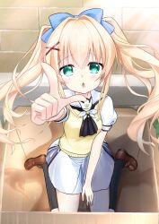 1girl :o absurdres ascot between_legs black_ascot black_socks blonde_hair blue_bow blurry blush bow box brown_shoes cardboard_box commentary day depth_of_field eyes_visible_through_hair floating_hair green_eyes hair_between_eyes hair_bow hair_intakes hair_ornament hand_between_legs hand_up highres in_box in_container index_finger_raised kneehighs knees_out_of_frame loafers long_hair looking_at_viewer miniskirt miraikanai open_mouth outdoors pointing pointing_at_viewer puffy_short_sleeves puffy_sleeves redrawn ringed_eyes sailor_collar school_uniform serafuku shirt shoes short_sleeves sidelocks sitting skirt socks solo summer_pockets summer_pockets_school_uniform sunlight sweater_vest tsumugi_wenders twintails very_long_hair wariza white_sailor_collar white_serafuku white_shirt white_skirt x_hair_ornament yellow_sweater_vest