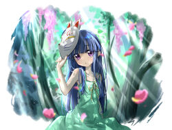 1girl arm_up blue_hair blunt_bangs border dress falling_petals forest fox_mask furude_rika green_dress highres higurashi_no_naku_koro_ni holding holding_mask long_hair looking_at_viewer mask nature outdoors parted_lips petals purple_eyes solo sundress very_long_hair wakuno_lemon white_border