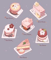 apple apple_slice apricot_(fruit) apricot_blossom cake cake_slice cat cherry cherry_blossoms commentary dessert english_commentary fish flower food food_focus fox fruit goldfish grey_background highres mouse_(animal) no_humans original peach peach_blossom pear pear_blossom pear_slice pink_flower pink_theme plum plum_blossoms rabbit red_flower simple_background stellateart still_life whipped_cream white_flower yellow_flower