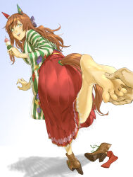1girl absurdres animal_ears barefoot blush boots brown_hair dango feet food highres horse_ears horse_tail long_hair looking_at_viewer looking_back nice_nature_(converging_wishes)_(umamusume) nice_nature_(umamusume) open_mouth red_socks ruukii_drift shoes single_sock socks soles tail toes umamusume unworn_boots unworn_shoes unworn_socks wagashi yellow_eyes