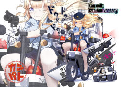 Rule 34 | 1girl, 2others, alternate costume, anniversary, black hat, black panties, blonde hair, blue eyes, blue shirt, blue skirt, blunt bangs, breasts, car, commentary request, double bun, dress shirt, female service cap, fletcher (kancolle), folded hair, gun, hair bun, hair ornament, handgun, hat, honda motocompo, kantai collection, large breasts, machinery, moke ro, motor vehicle, multiple others, one eye closed, panties, pantyshot, pencil skirt, police, police car, police uniform, policewoman, riding, shirt, skirt, smile, star (symbol), star hair ornament, thighhighs, toy car, underwear, weapon, weapon request, white thighhighs, zoom layer