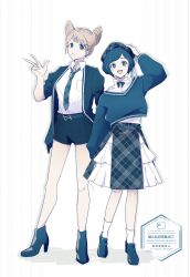 2girls :d alternate_costume arm_up belt beret boots collared_shirt commentary_request cone_hair_bun double_bun frilled_skirt frills fukurai_azami full_body hair_bun hand_on_headwear hat high_heel_boots high_heels highres jacket limited_palette long_sleeves looking_at_viewer multiple_girls necktie open_clothes open_jacket open_mouth plaid_clothes plaid_skirt ryutaku shirt shoes short_hair shorts skirt smile socks standing sweater tomarigi_yasumi toshi_densetsu_kaitai_center w
